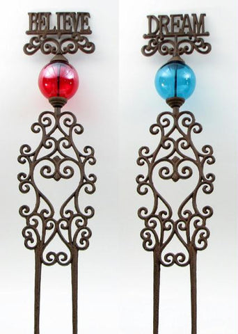 Cast Iron  Garden Stakes Set of 2.  Red & Blue Glass Believe & Dream