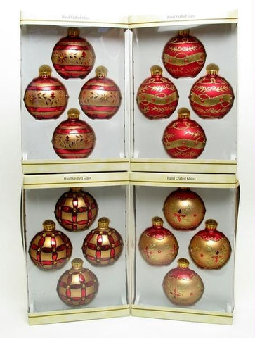 Glass Ball Ornament 4pc Set RedGold with Gold Glitter 4 Asst Styles Price EACH