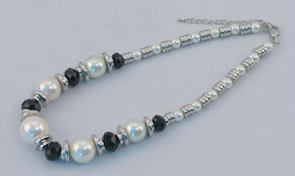 Silver Tone Necklace with Black & White Beads